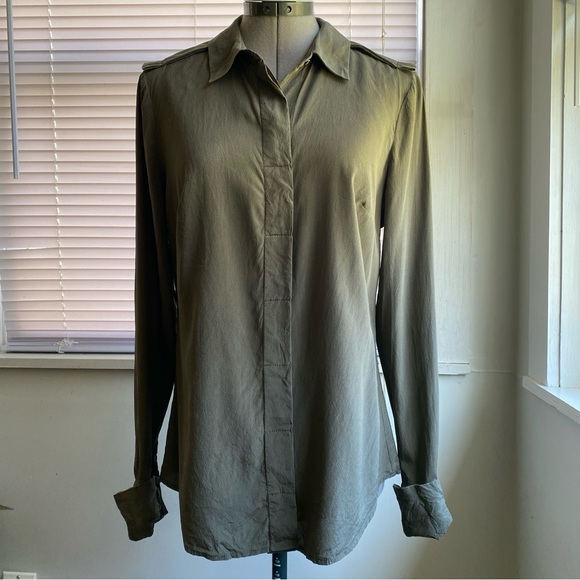 ANN TAYLOR Navy Green Silk Button Down Shirt Long Sleeve Size S - Picture 3 of 7